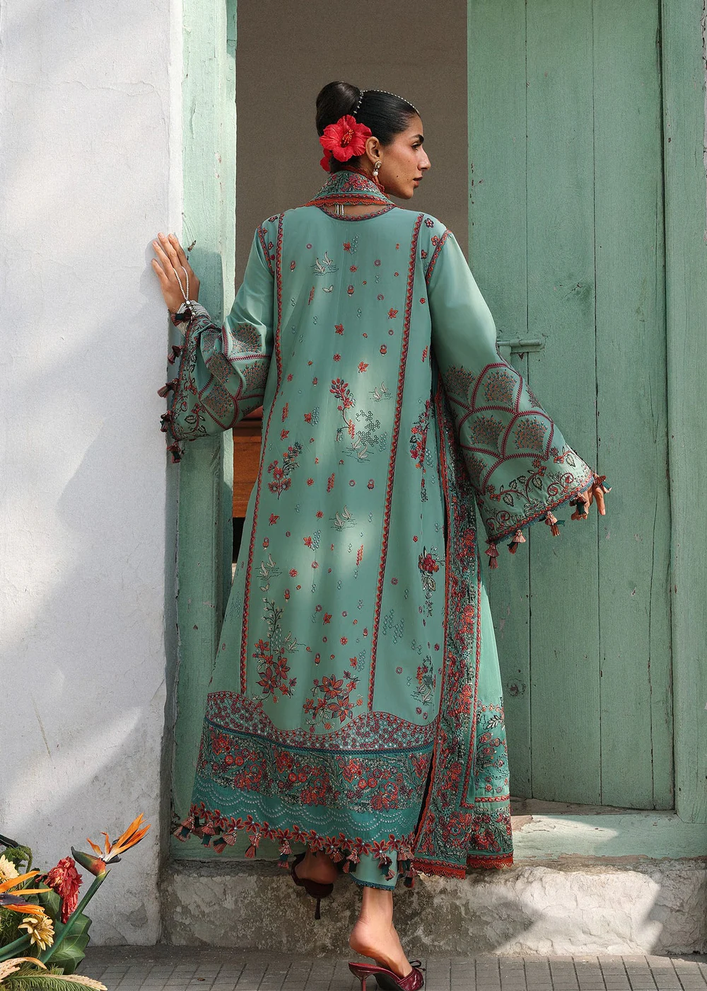 Luxury aqua green lawn dress with embroidered dupatta