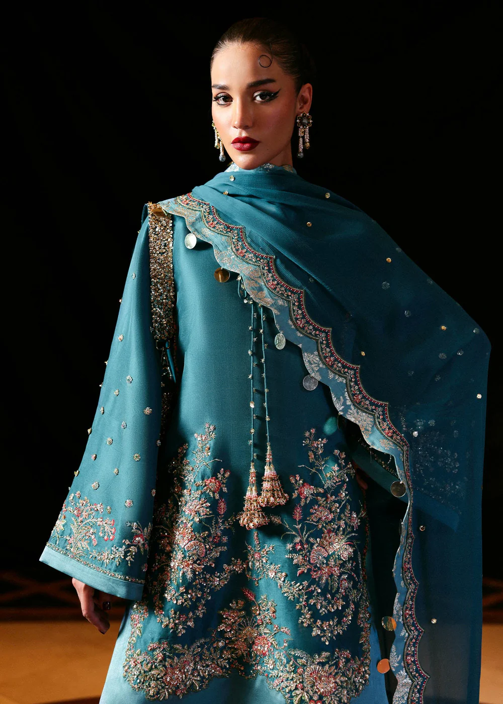 Designer teal blue dress with embroidered dupatta