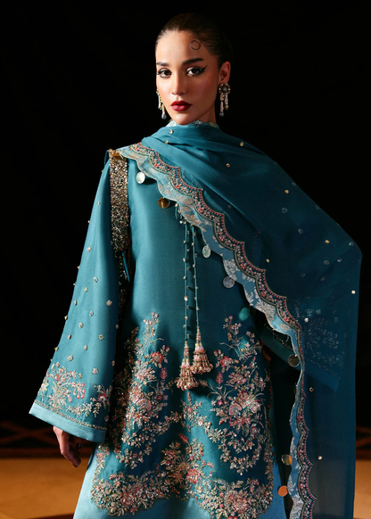 Designer teal blue dress with embroidered dupatta