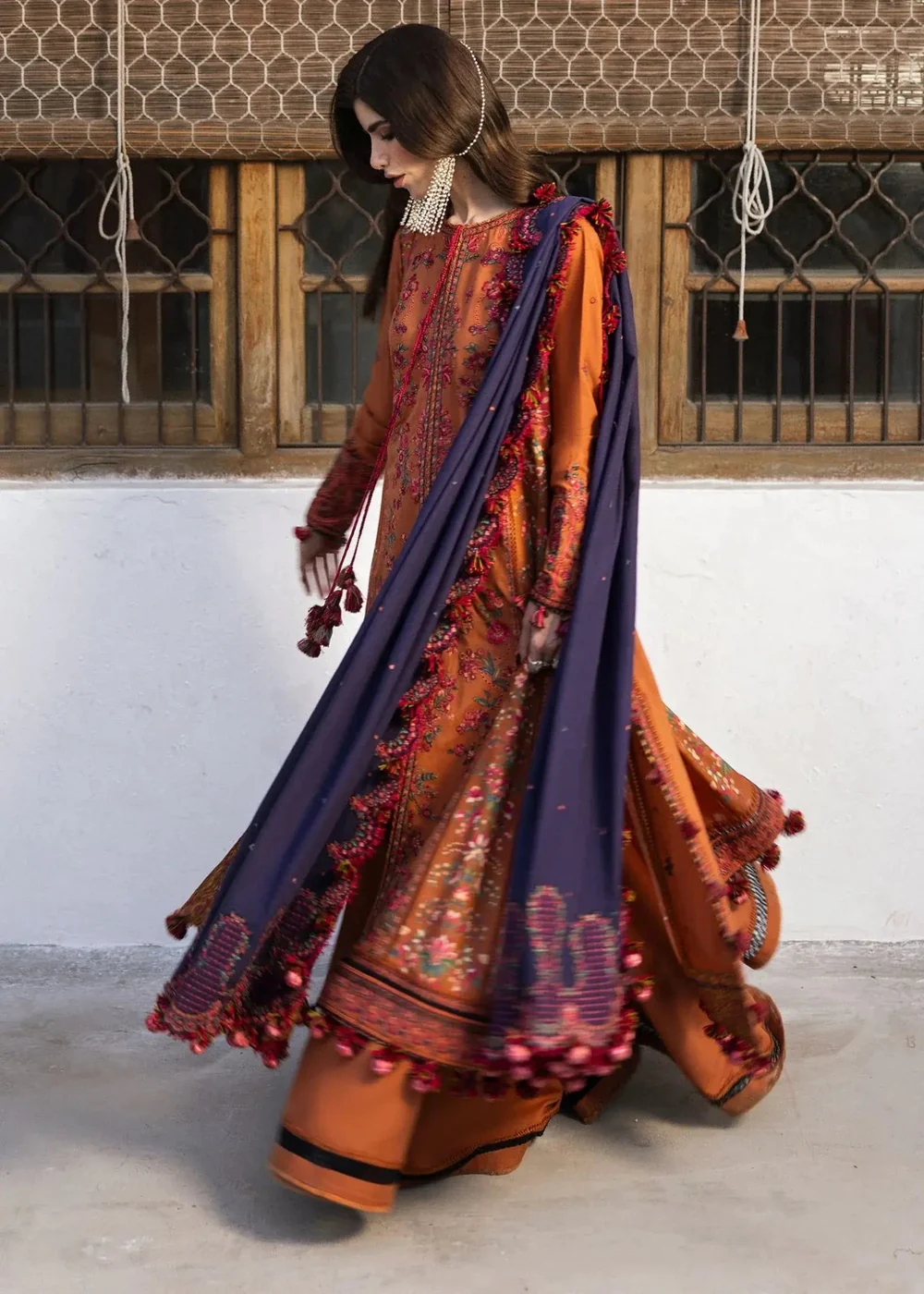 Rust orange Pakistani lawn suit with floral embroidery