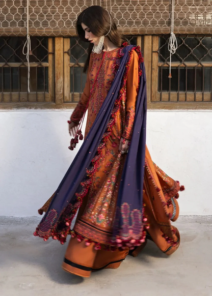 Rust orange Pakistani lawn suit with floral embroidery