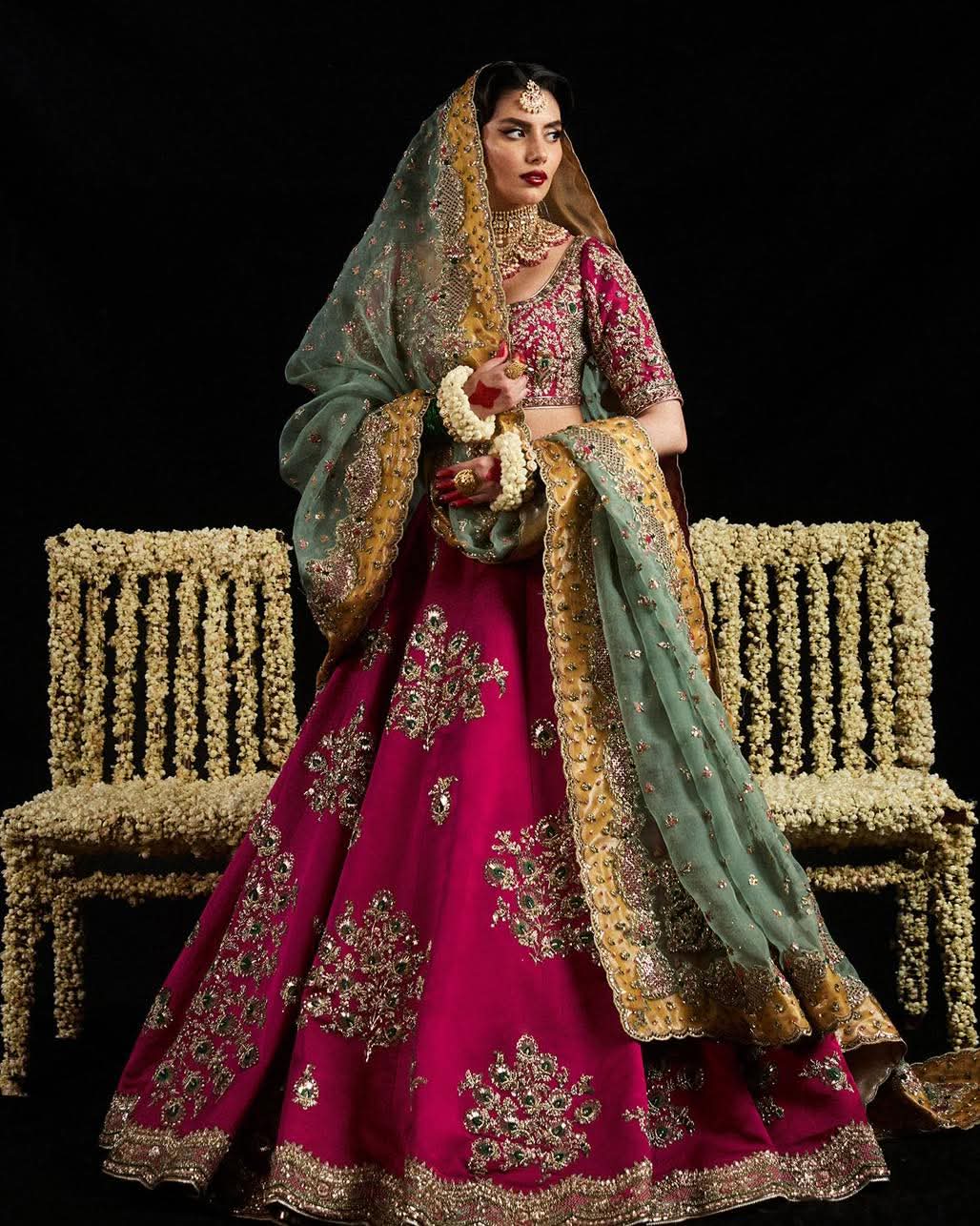Hussain Rehar Laal deep pink bridal lehenga with teal dupatta
