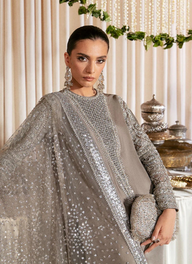 Hussain Rehar Lucent grey outfit with matching embroidered dupatta
