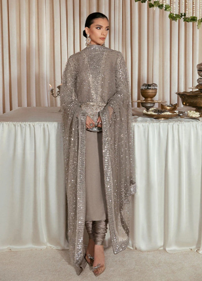 Hussain Rehar Lucent grey raw silk formal shirt with silver embellishments