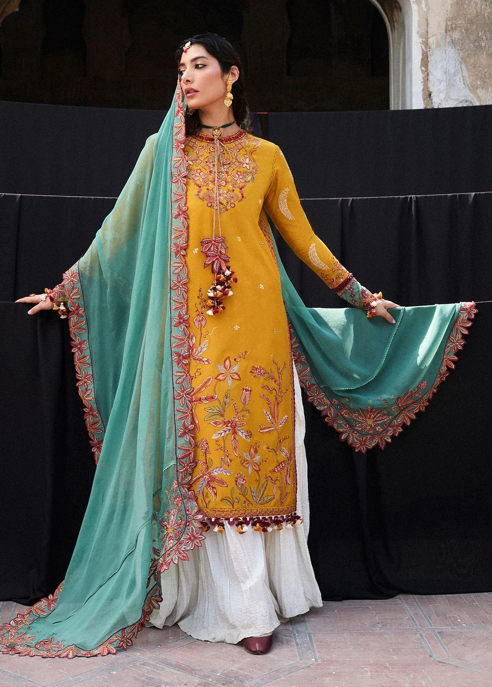 Mustard Pakistani lawn suit with floral embroidery