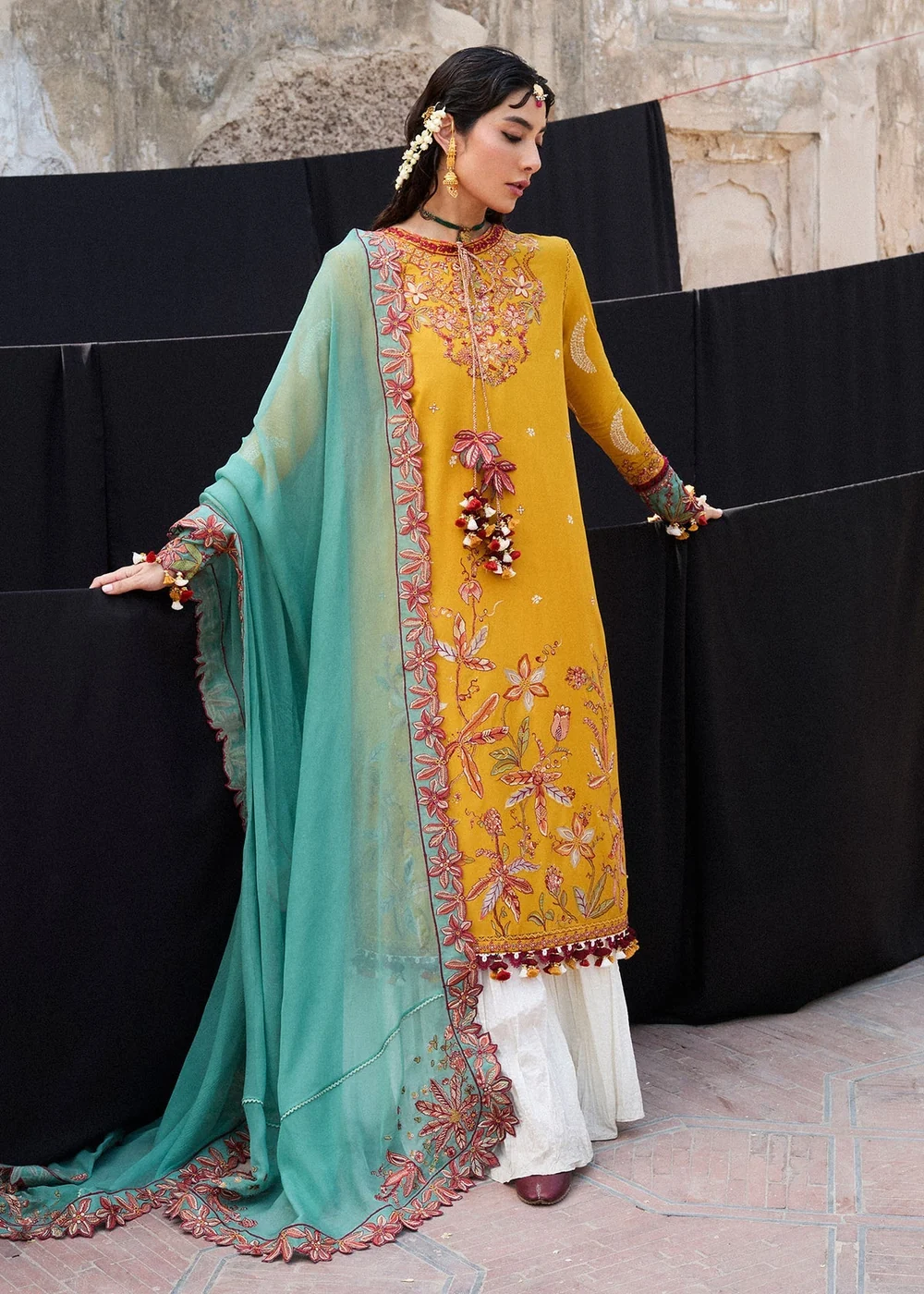 Hussain Rehar Masam luxury Pakistani mustard lawn dress