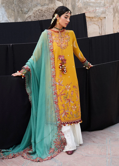 Hussain Rehar Masam luxury Pakistani mustard lawn dress