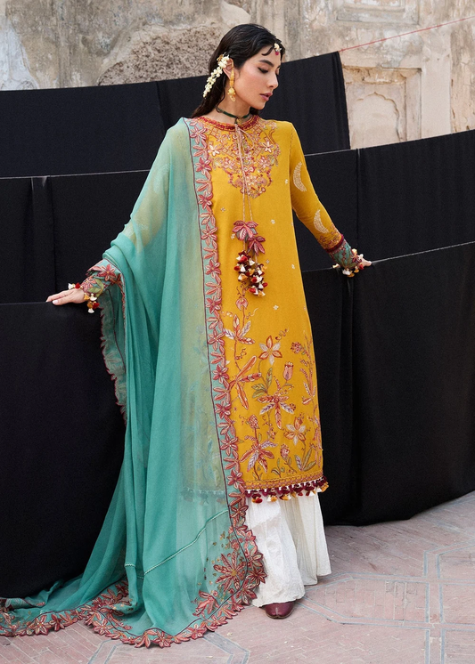 Hussain Rehar Masam luxury Pakistani mustard lawn dress