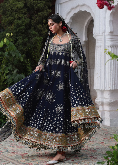 Midnight blue Pakistani designer pishwas with intricate adda work
