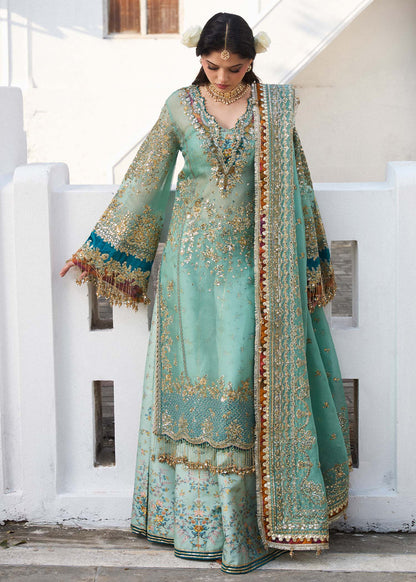 Aqua blue embroidered Pakistani designer outfit