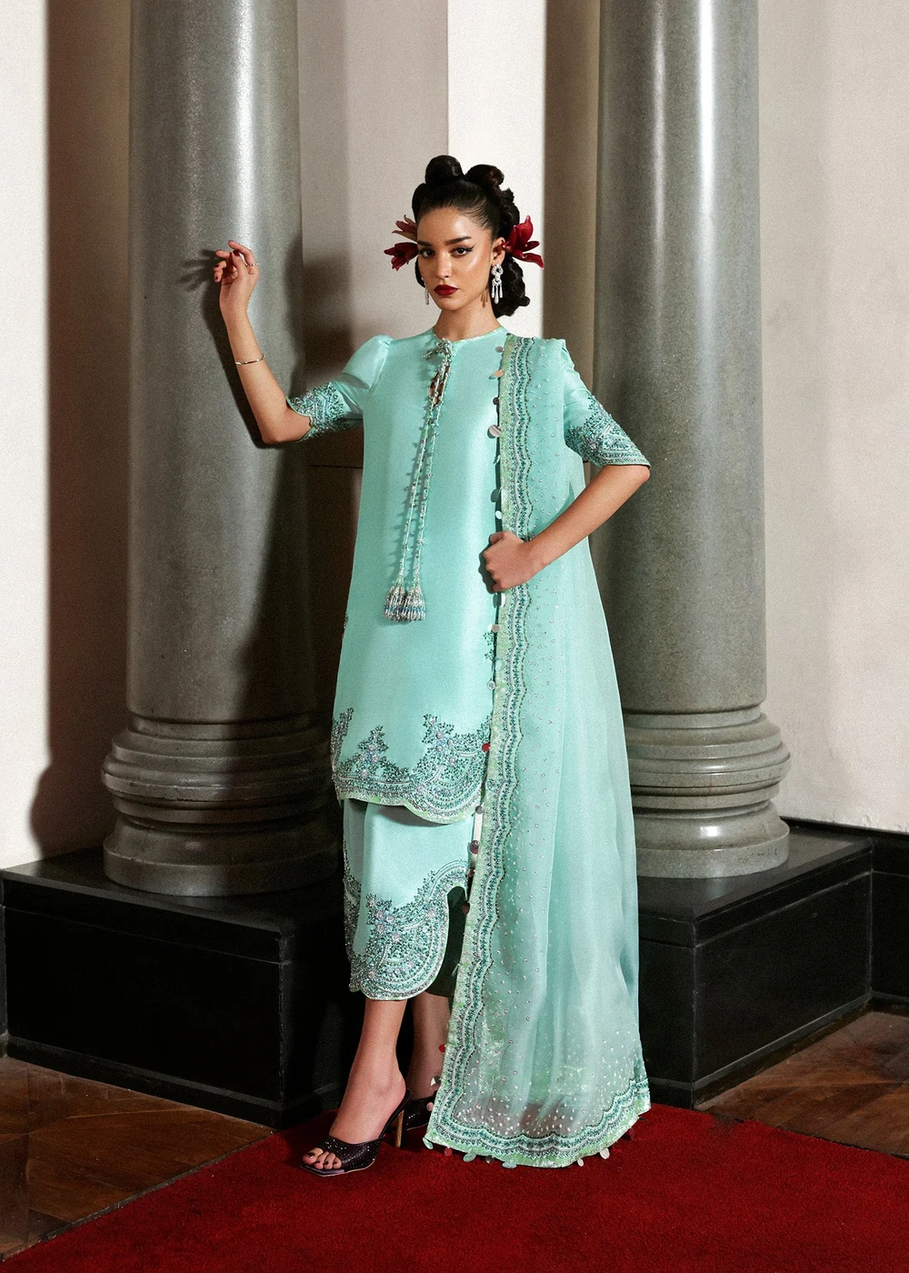 Mint green Pakistani embroidered formal outfit