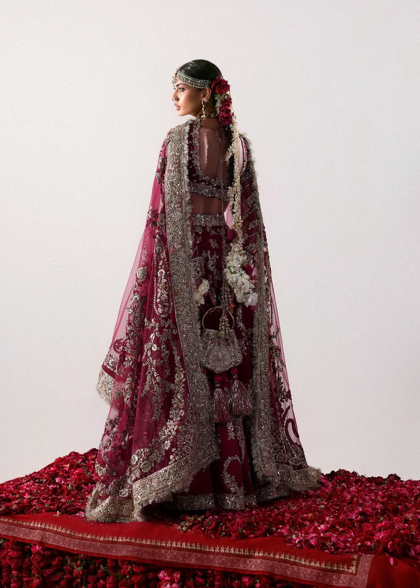 Deep red bridal lehenga with floral jaal embroidery