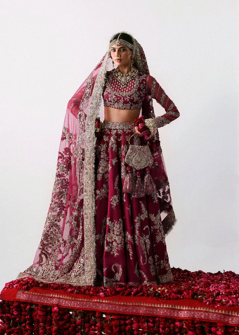 Hussain Rehar Naunihal deep red bridal lehenga