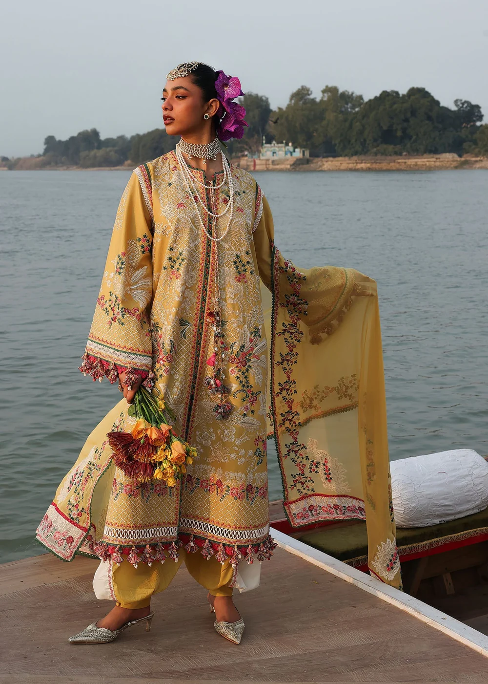 Mustard Pakistani lawn suit with floral prints