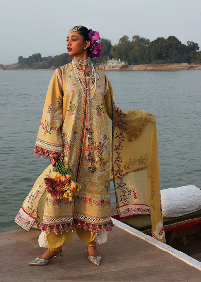 Mustard Pakistani lawn suit with floral prints