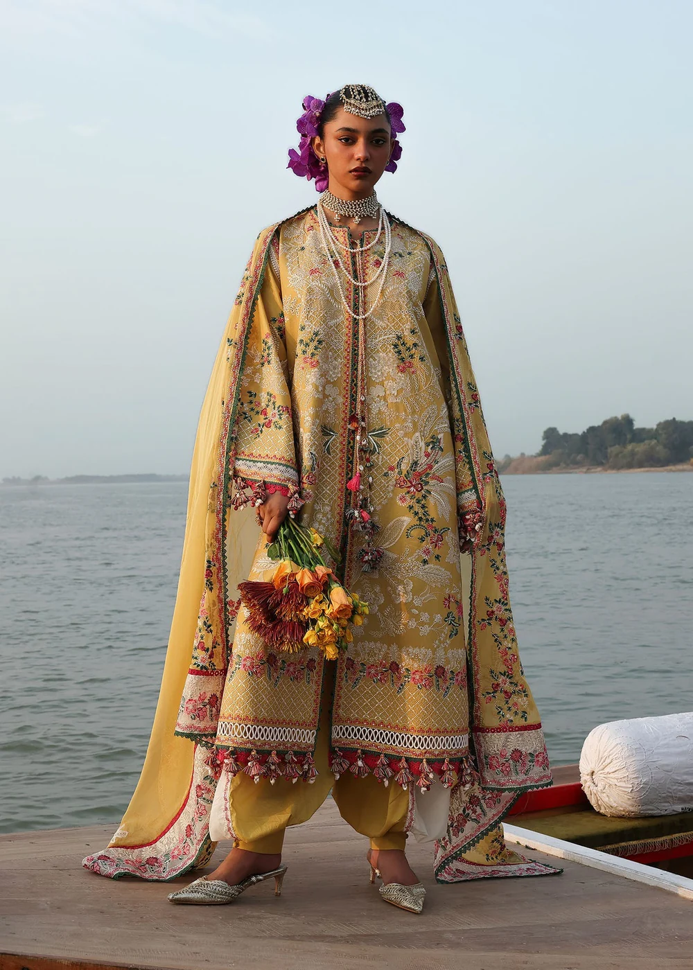 Hussain Rehar Ochre luxury Pakistani mustard lawn dress