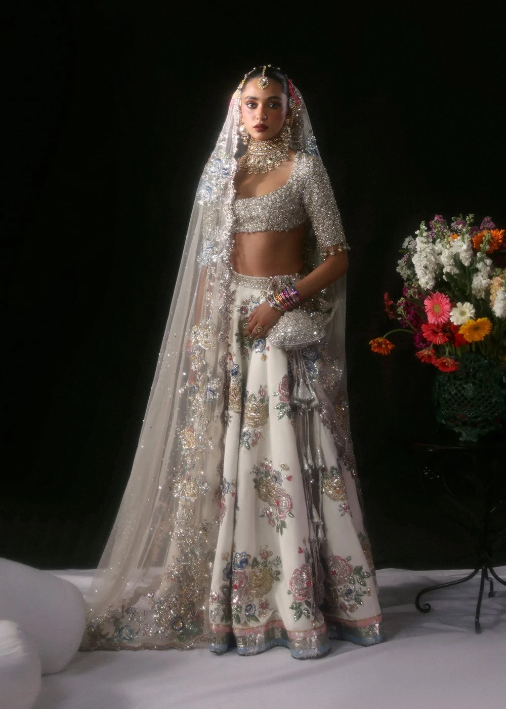 Ivory embroidered Pakistani bridal lehenga