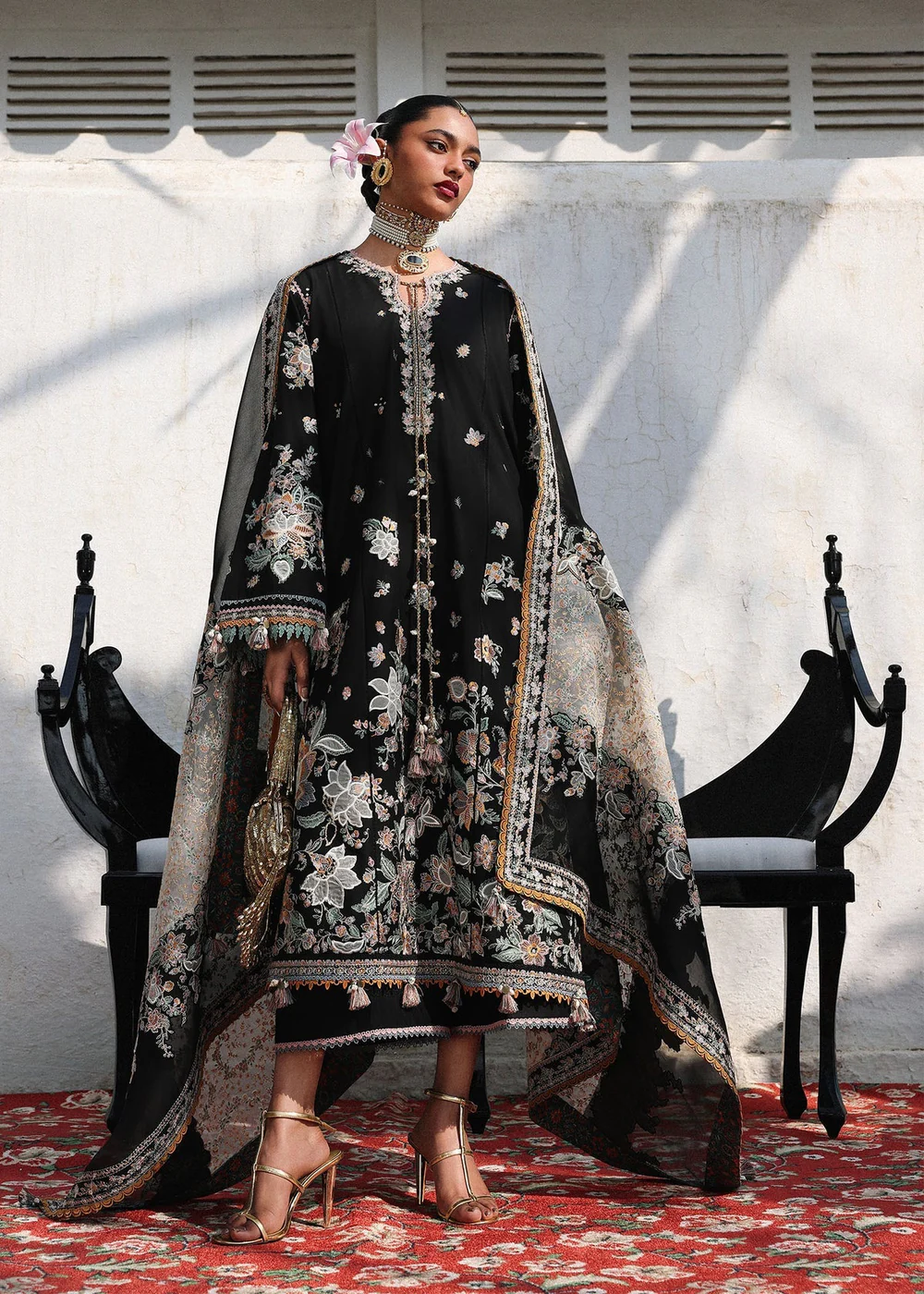 Black Pakistani lawn suit with floral embroidery