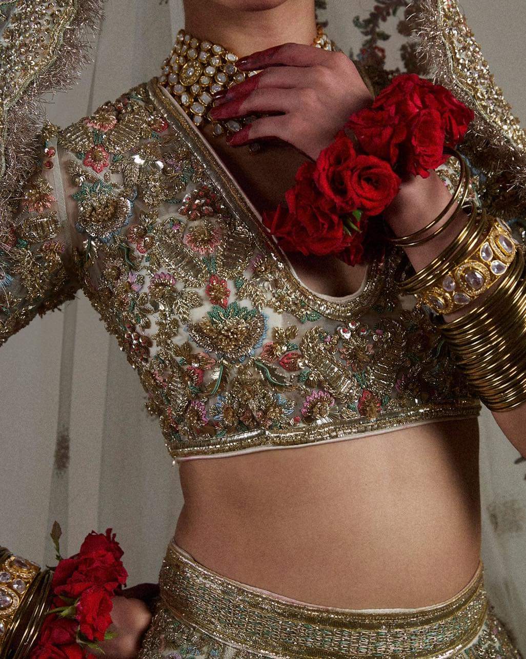 Close-up of Sawara tila, zari, dabka and Swarovski embellishments