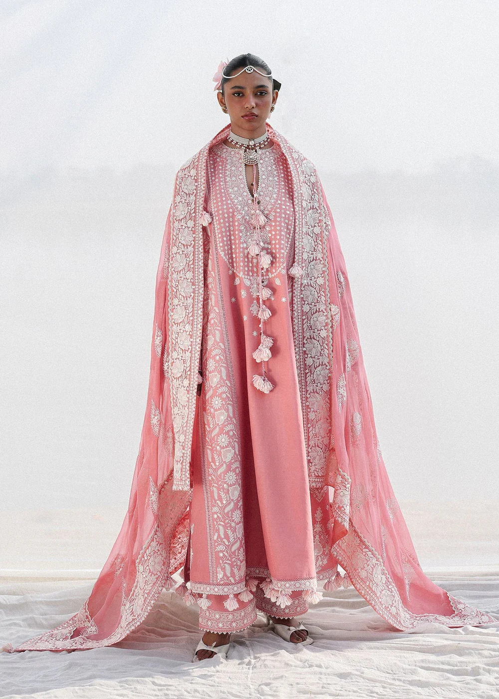 Hussain Rehar Sorti luxury Pakistani pink lawn dress