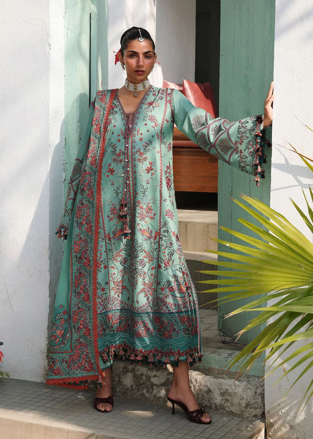 Hussain Rehar Verdant luxury Pakistani aqua green lawn dress