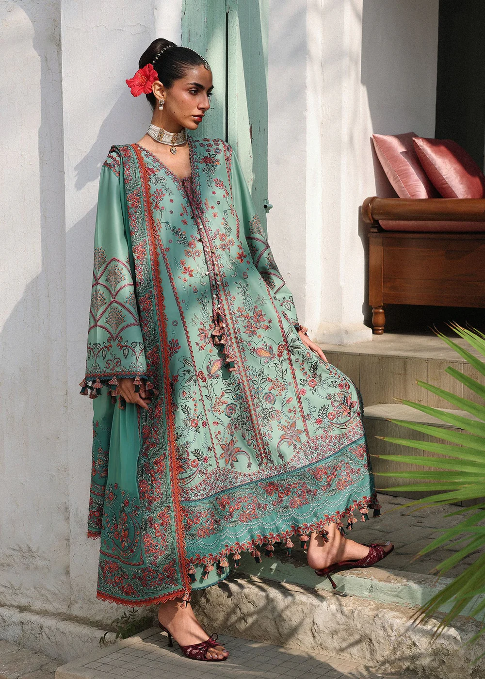 Aqua green Pakistani lawn suit with floral embroidery