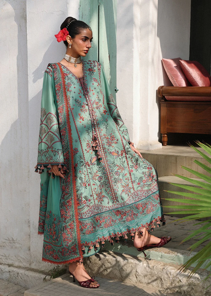 Aqua green Pakistani lawn suit with floral embroidery