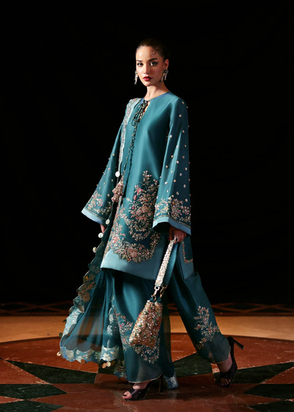 Teal blue Pakistani embroidered formal outfit