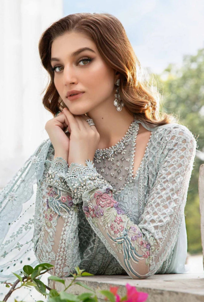 Ice blue embroidered shirt with floral chiffon dupatta