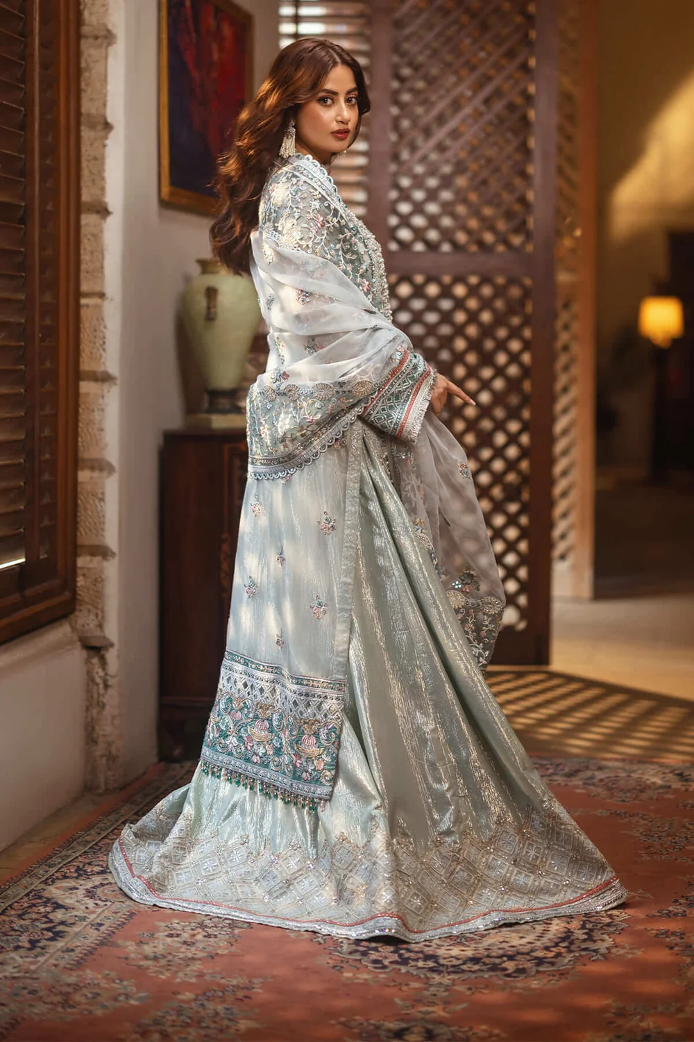 Icy blue hand embellished Pakistani formal wear