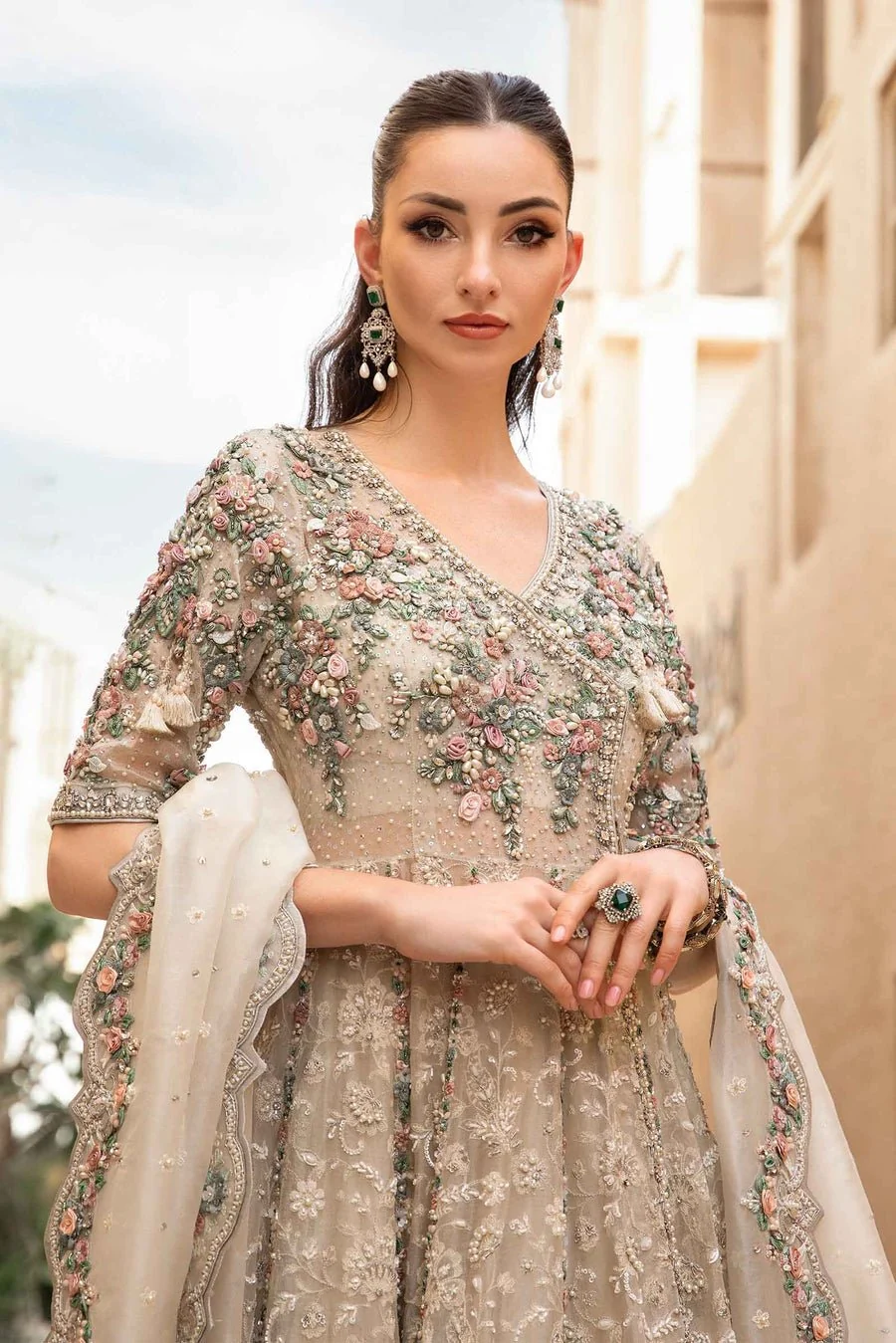 Beige Pakistani frock with floral embroidery and dupatta