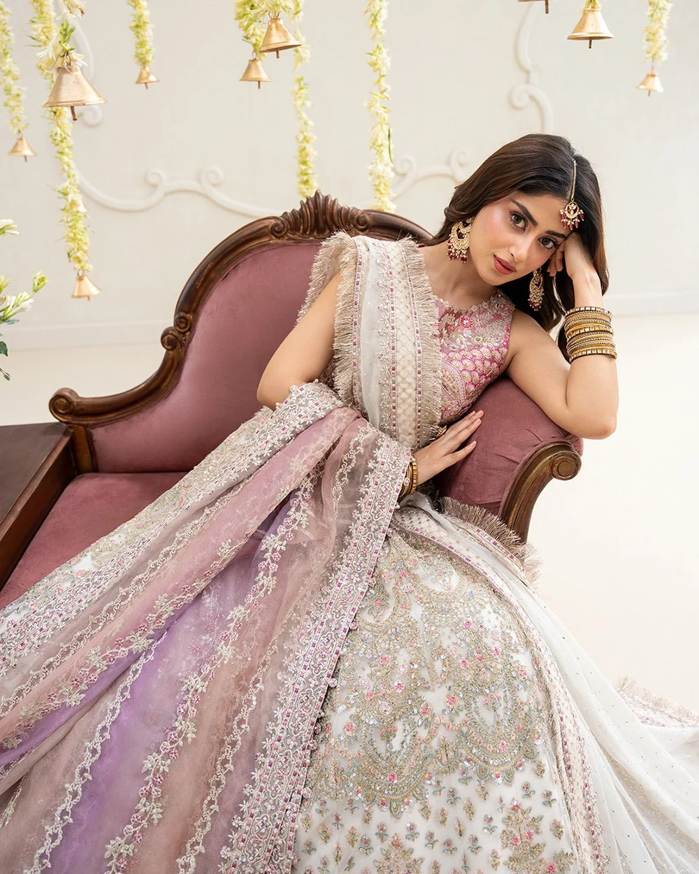 Ivory floral embroidered Pakistani wedding outfit