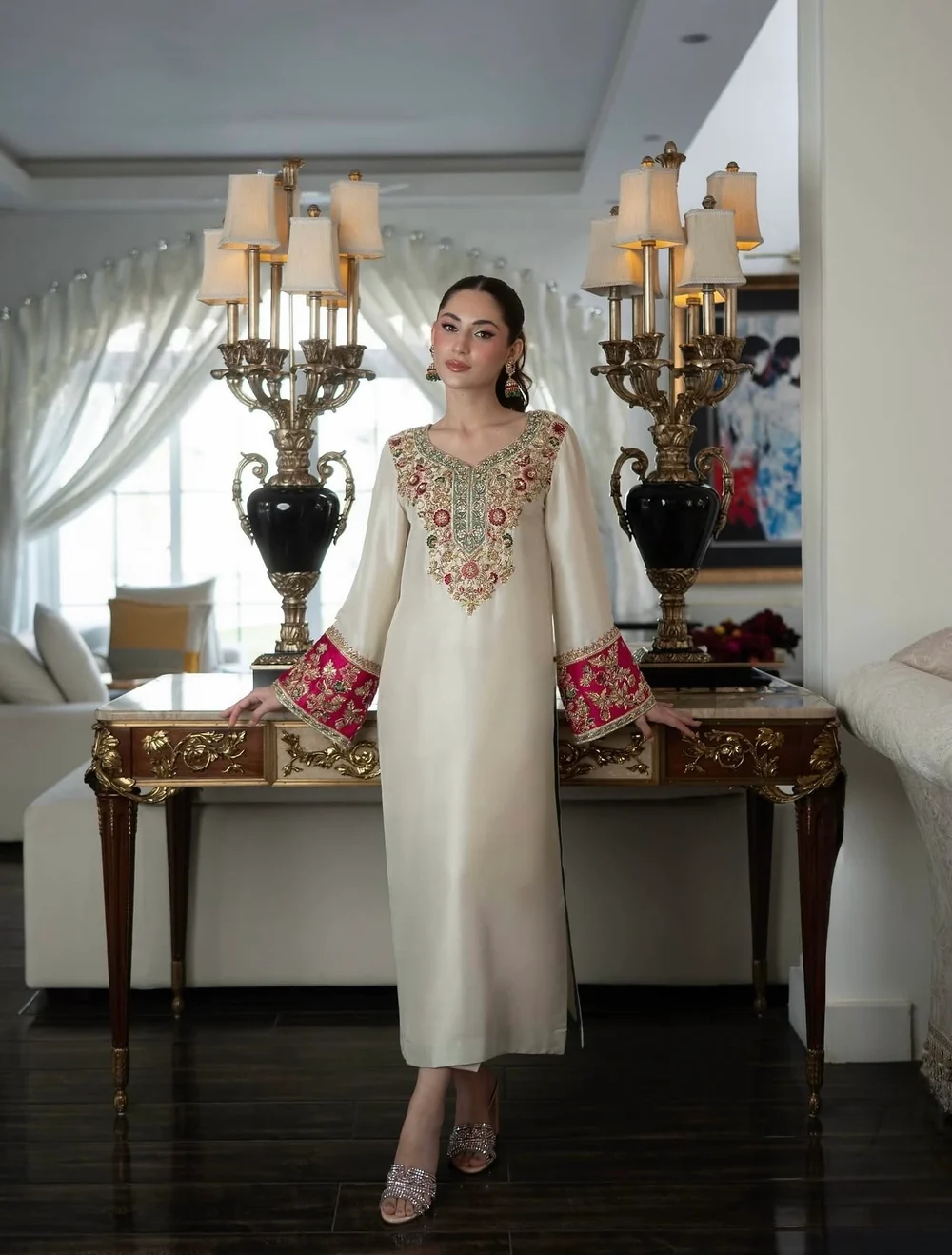 Ivory long shirt with multicoloured handwork