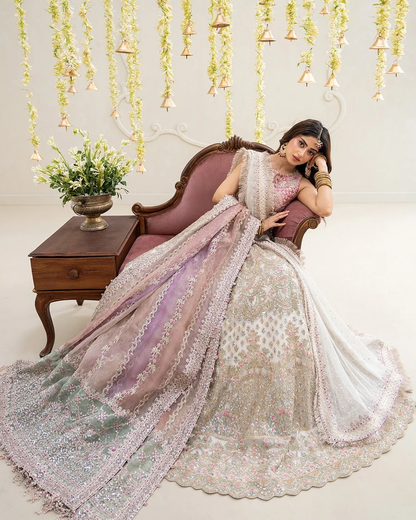 Ivory embroidered lehenga with net dupatta