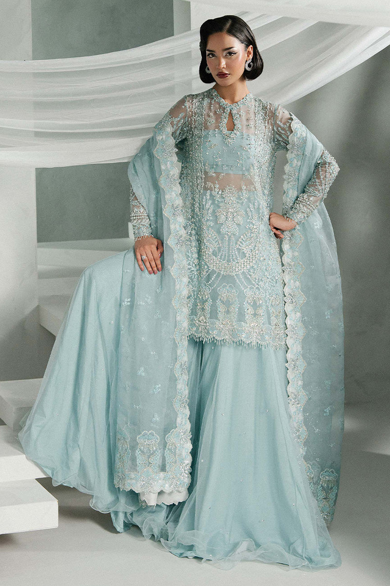 Khakaa Elyra frozen-blue Pakistani formal sharara ensemble