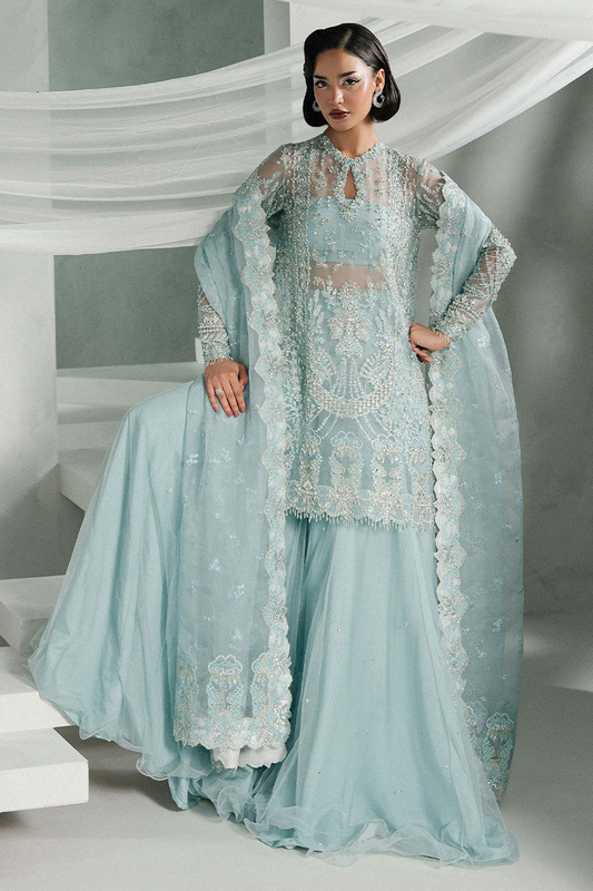Khakaa Elyra frozen-blue Pakistani formal sharara ensemble