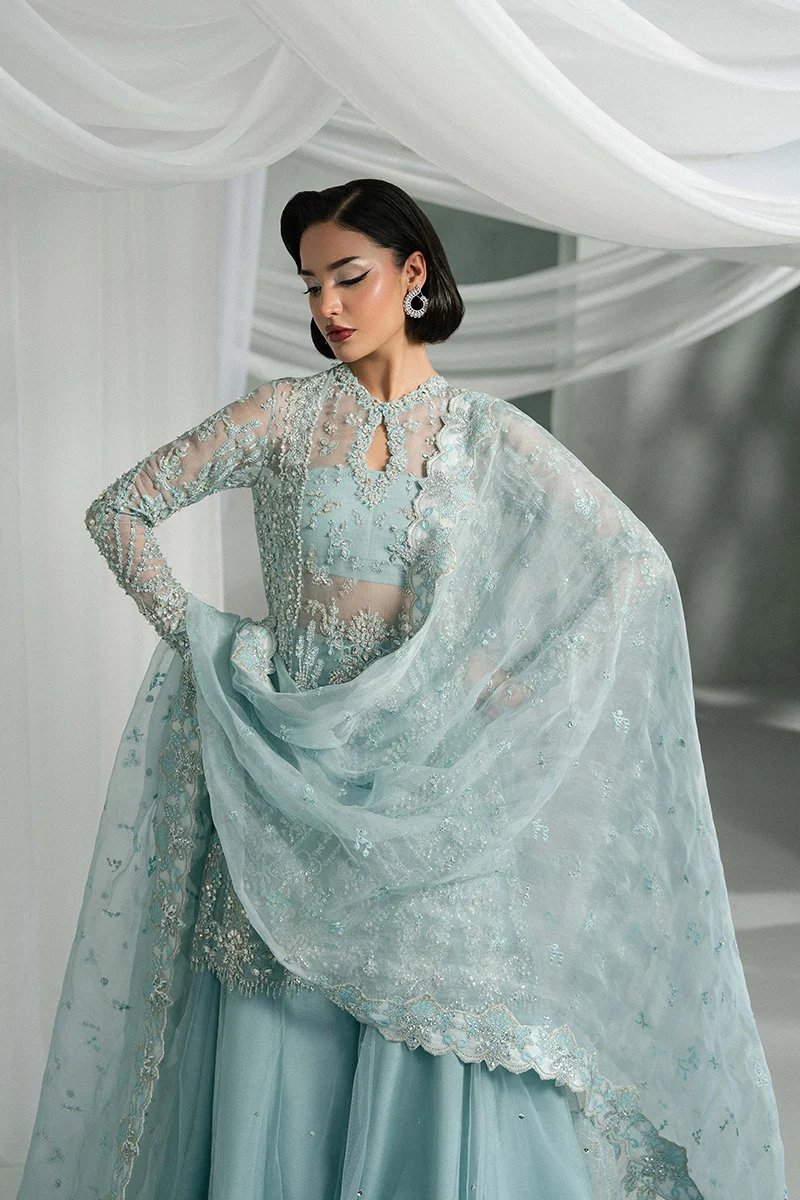 Sheer frozen-blue dupatta with scalloped embroidered borders
