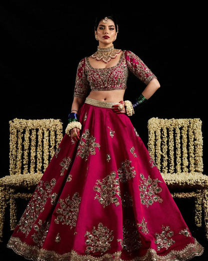Hussain Rehar-inspired pink satin silk bridal lehenga