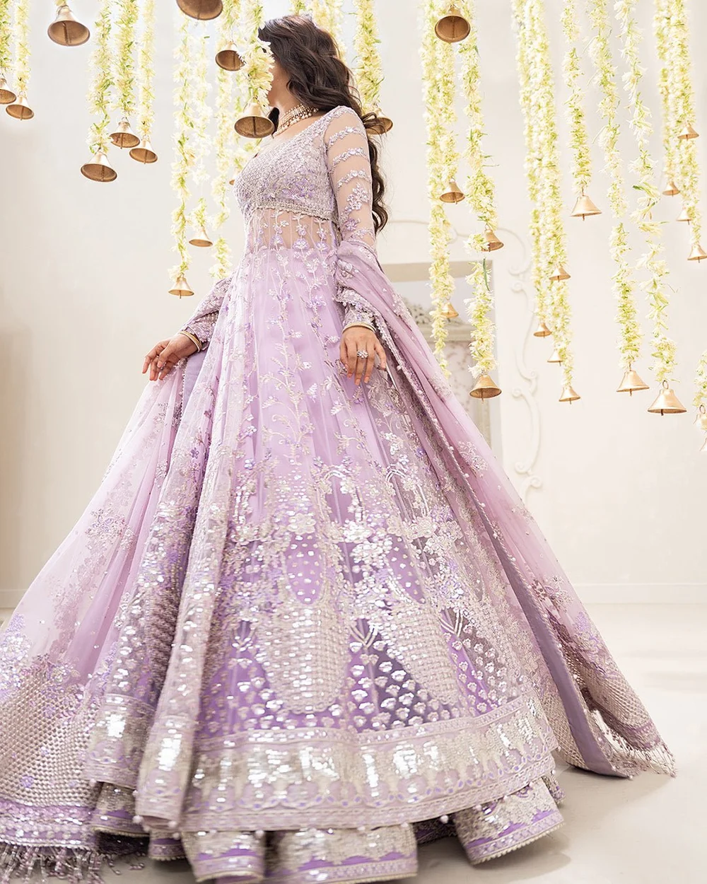 Lilac embroidered maxi pishwas with detailed borders