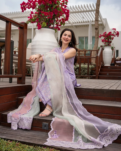 Lilac Pakistani embroidered suit with organza dupatta