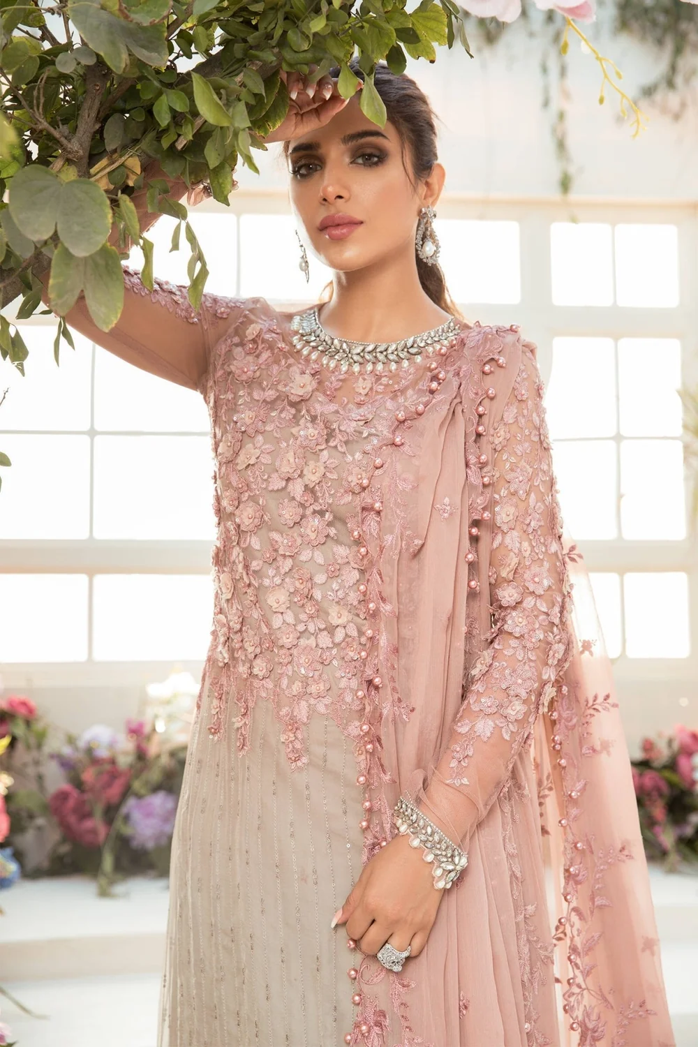 Pakistani wedding guest dress in coffee and ash pink