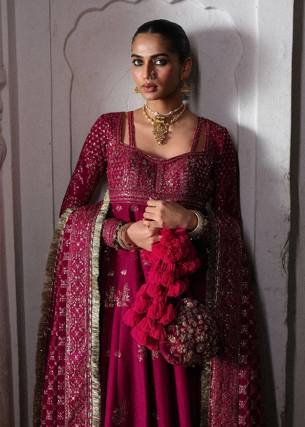 Magenta chiffon dupatta with embroidered border
