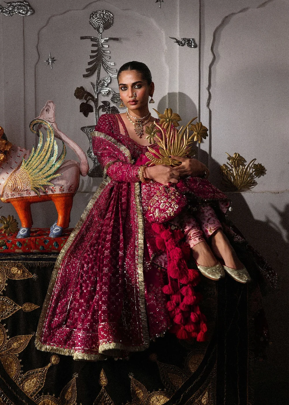 Deep magenta bodice with intricate silver handwork
