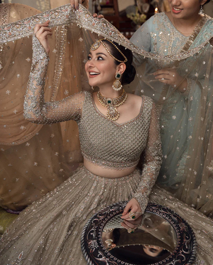 Mah embroidered champagne gold blouse and lehenga
