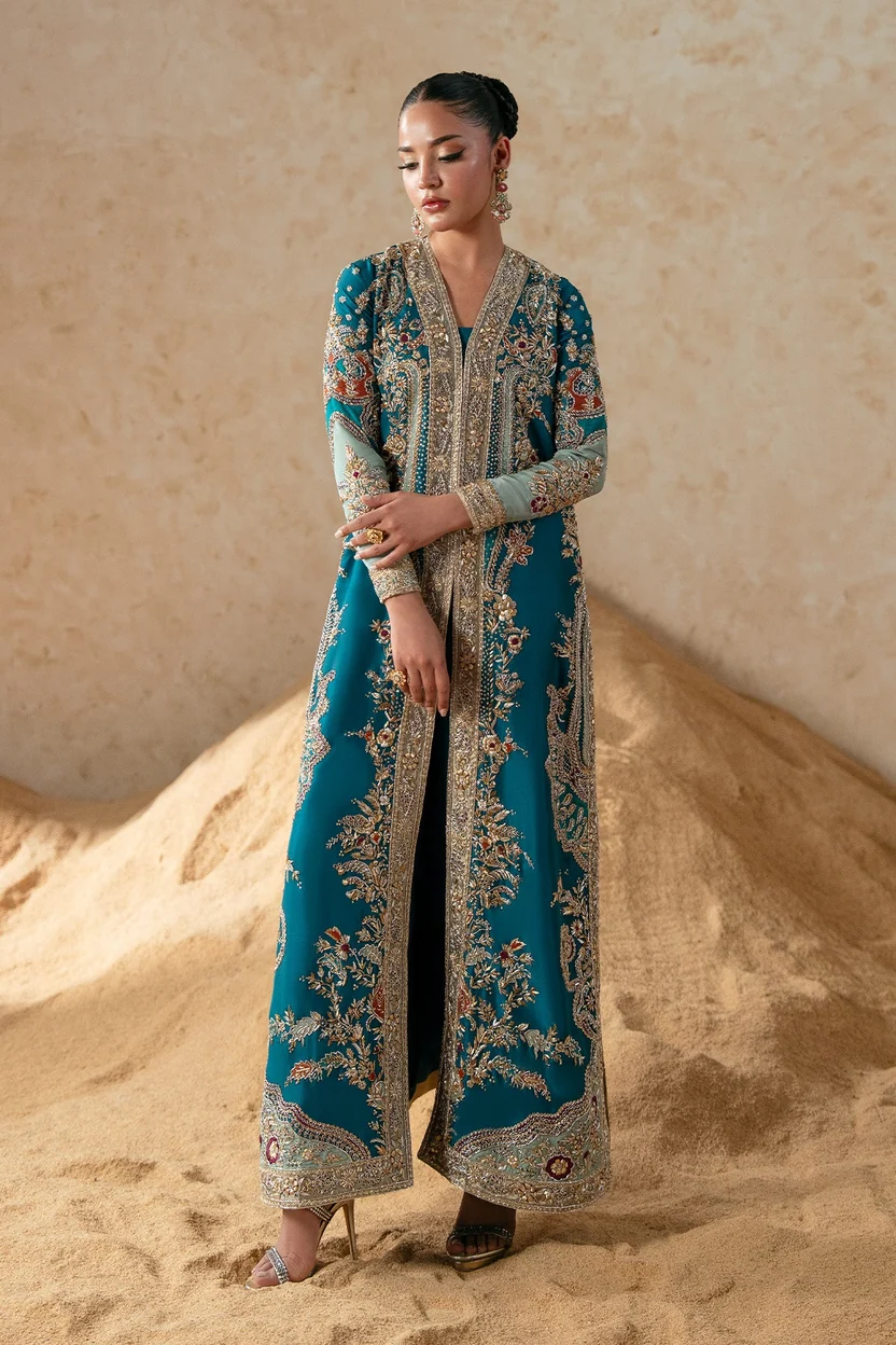 Mahnoor Mujtaba Firoza Muse deep teal Pakistani formal ensemble
