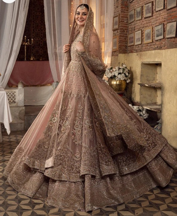 Mahra peach pink bridal dress with hand embroidery