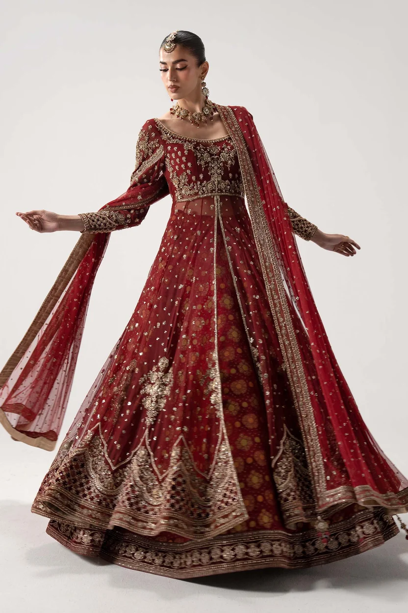 Deep red bridal dress with floral hand embellishment