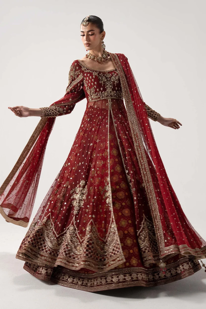 Deep red bridal dress with floral hand embellishment