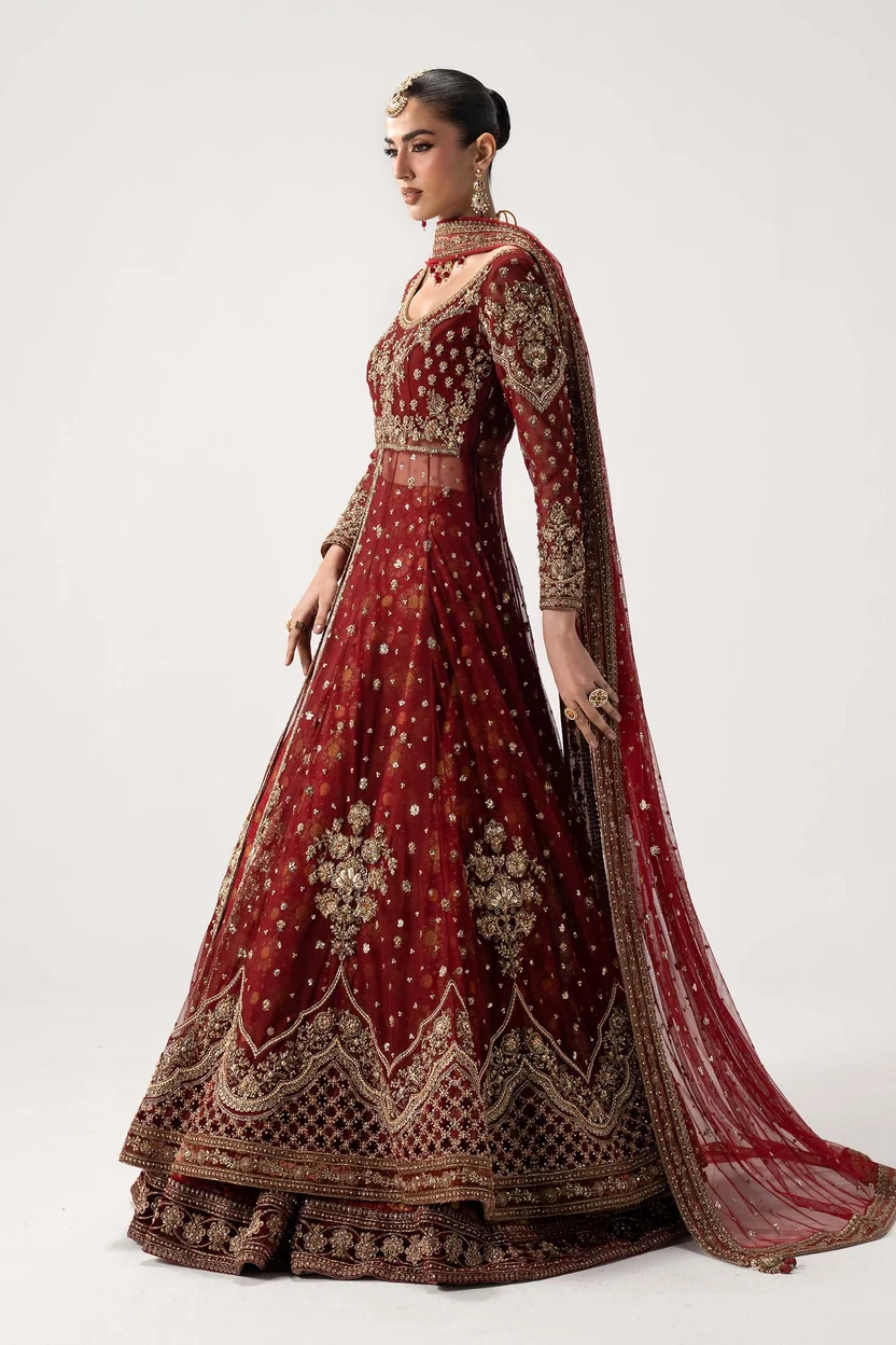 Maria.B Bazif deep red lehenga with antique-gold embroidery