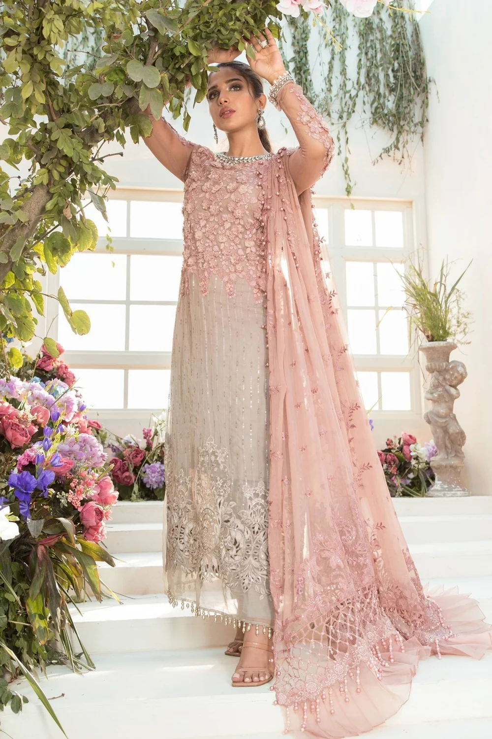 Coffee and ash pink embroidered Pakistani designer outfit